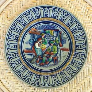 VINTAGE FRANZ GERZIT W.GERMANY BLUE STONEWARE 7" PLATE SMALL TOWN HOME SCENES